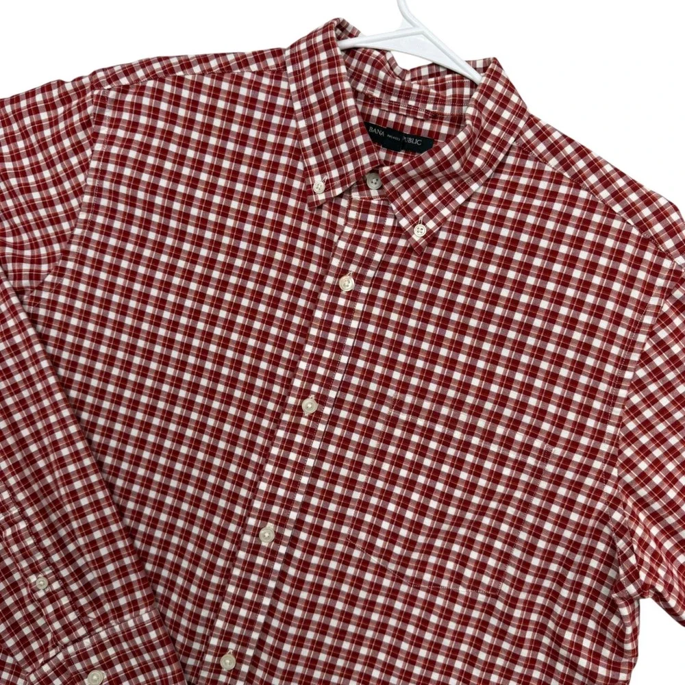 Banana Republic Button Down Men Large Red Gingham Plaid Long Sleeve Shirt